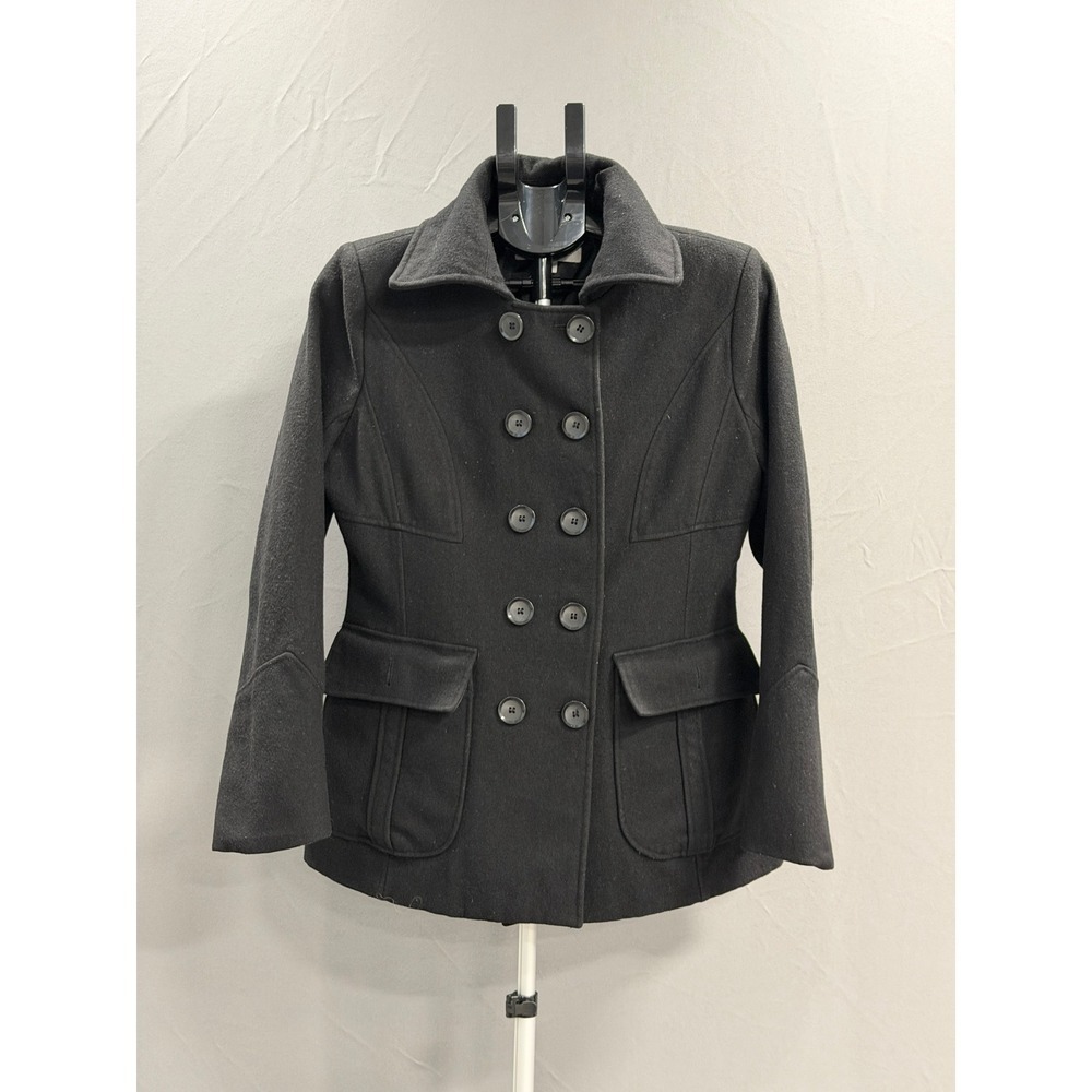 Womens Black‎ Double Breasted Pea Coat Jacket Petite Small Fitted